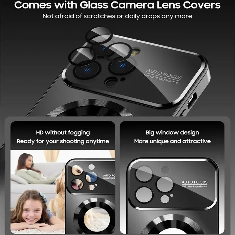 Luxury Glass Camera Lens Protection Case For iPhone 16 11 12 13 15 Pro Max 14 Plus For Magesafe Wireless Charging Magnetic Cover