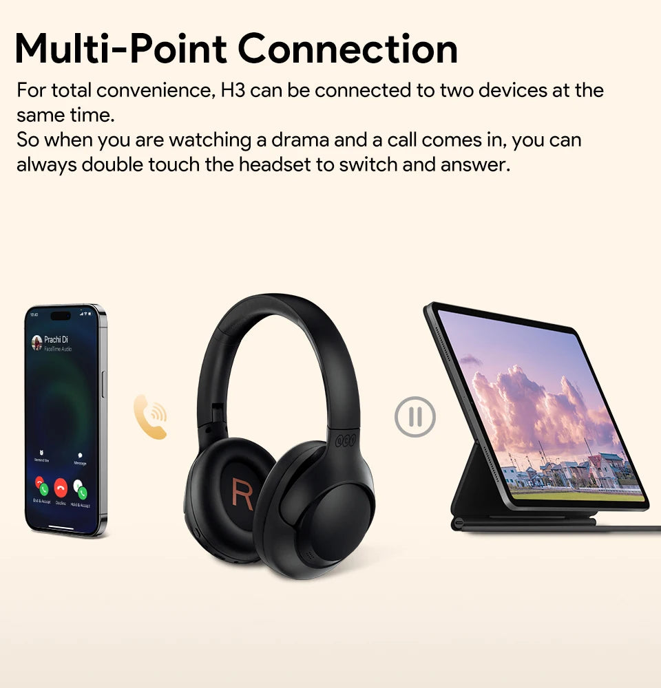QCY H3 ANC Wireless Headphones Hi-Res Audio Over Ear Headset 43dB Hybrid Active Noise Cancellation Bluetooth 5.4 Gaming Earphone
